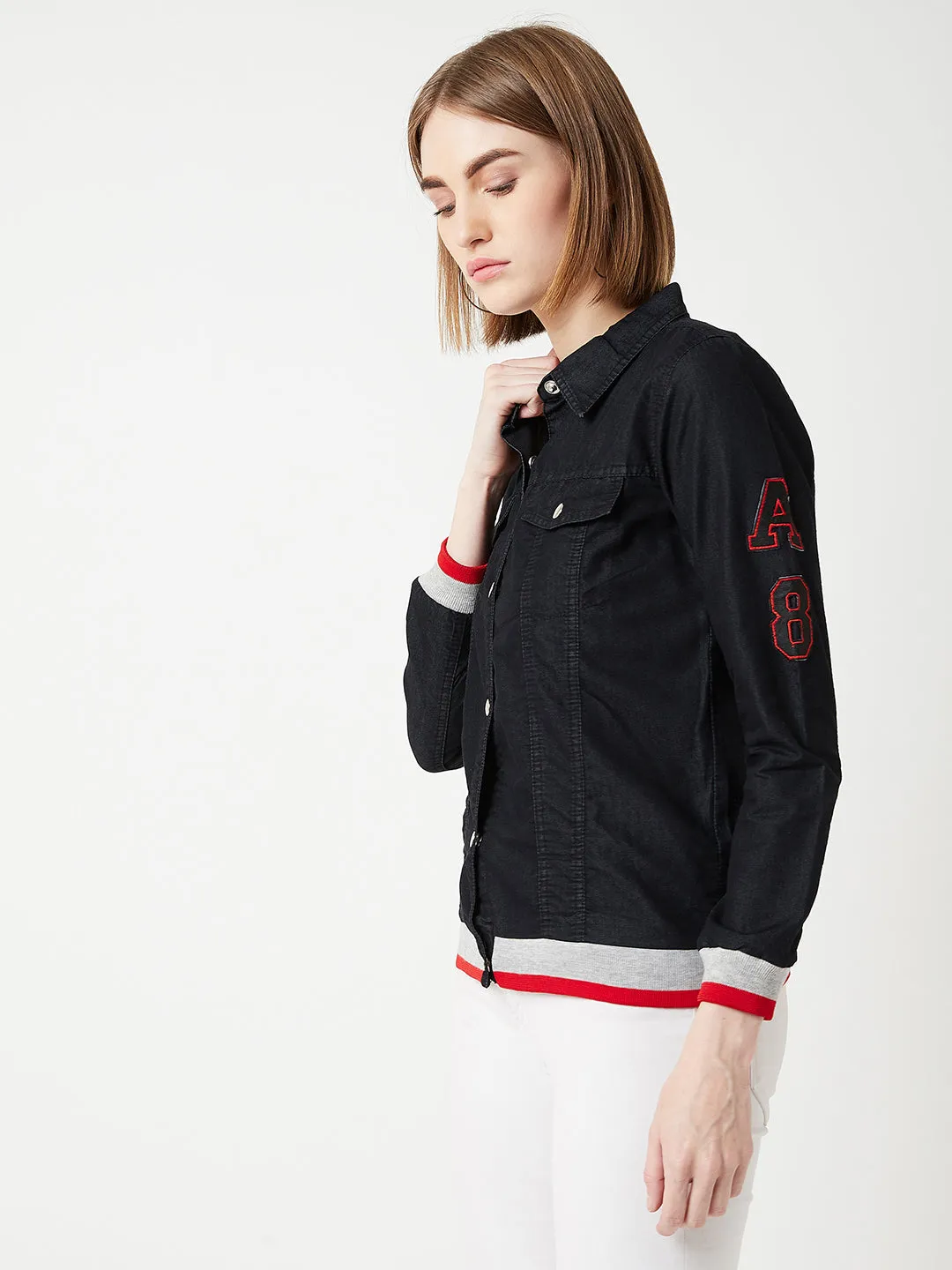 Women's Black Polo Neck Full Sleeve Solid Bomber Regular Length Jacket