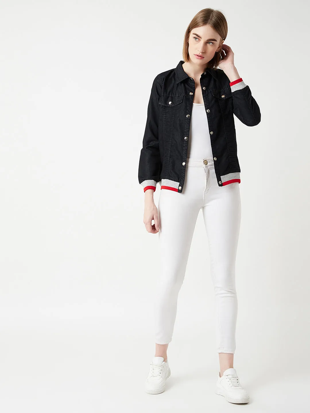 Women's Black Polo Neck Full Sleeve Solid Bomber Regular Length Jacket