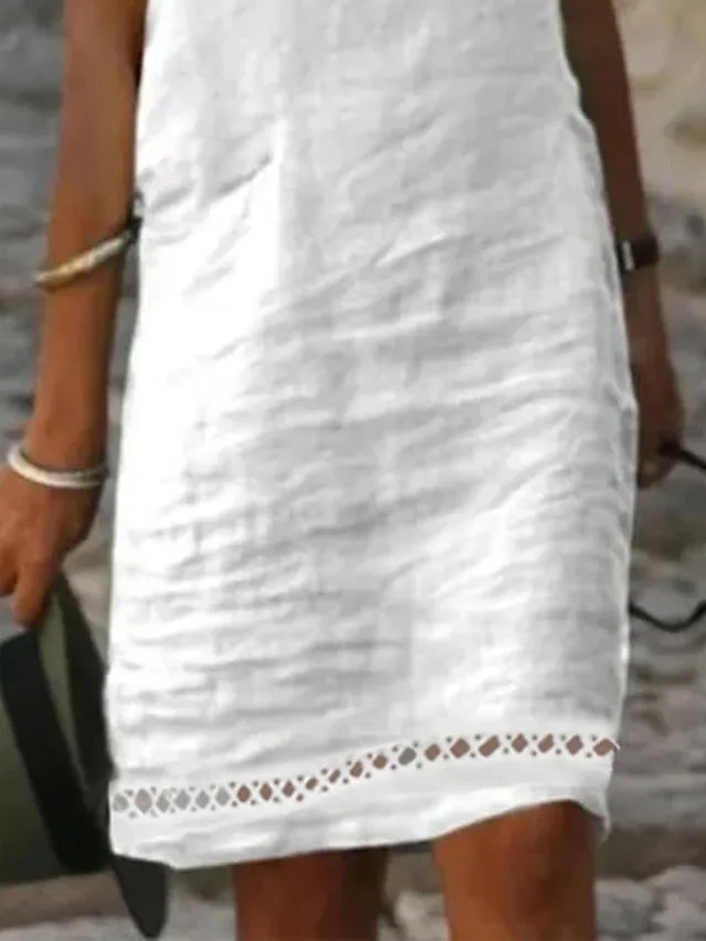 Women's Casual Dress Cotton Linen Dress Shift Dress Midi Dress Cotton Blend Basic Casual Outdoor Daily Boat Neck Patchwork Hollow Out Short Sleeve Summer Spring 2023 Loose Fit White Plain S M L XL 2XL