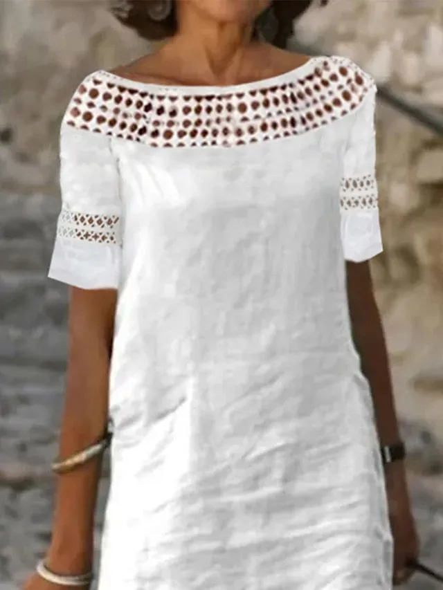 Women's Casual Dress Cotton Linen Dress Shift Dress Midi Dress Cotton Blend Basic Casual Outdoor Daily Boat Neck Patchwork Hollow Out Short Sleeve Summer Spring 2023 Loose Fit White Plain S M L XL 2XL