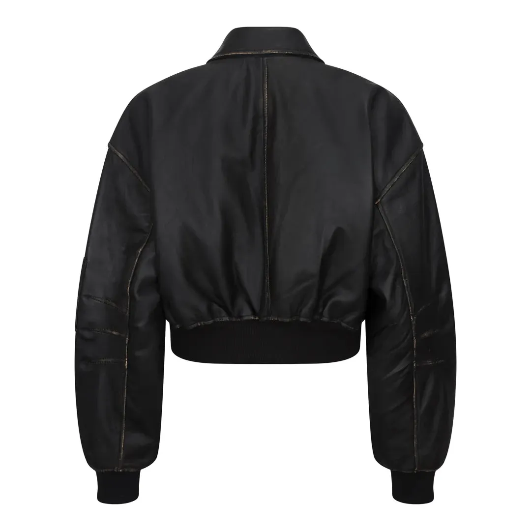 Women's Cropped Bomber Leather Jacket