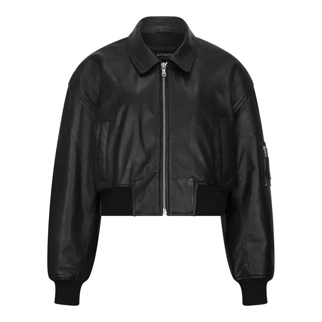 Women's Cropped Bomber Leather Jacket