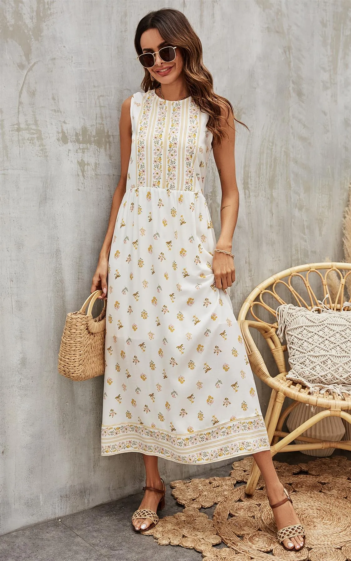 Yellow Floral & Strip Print Midi Dress In White