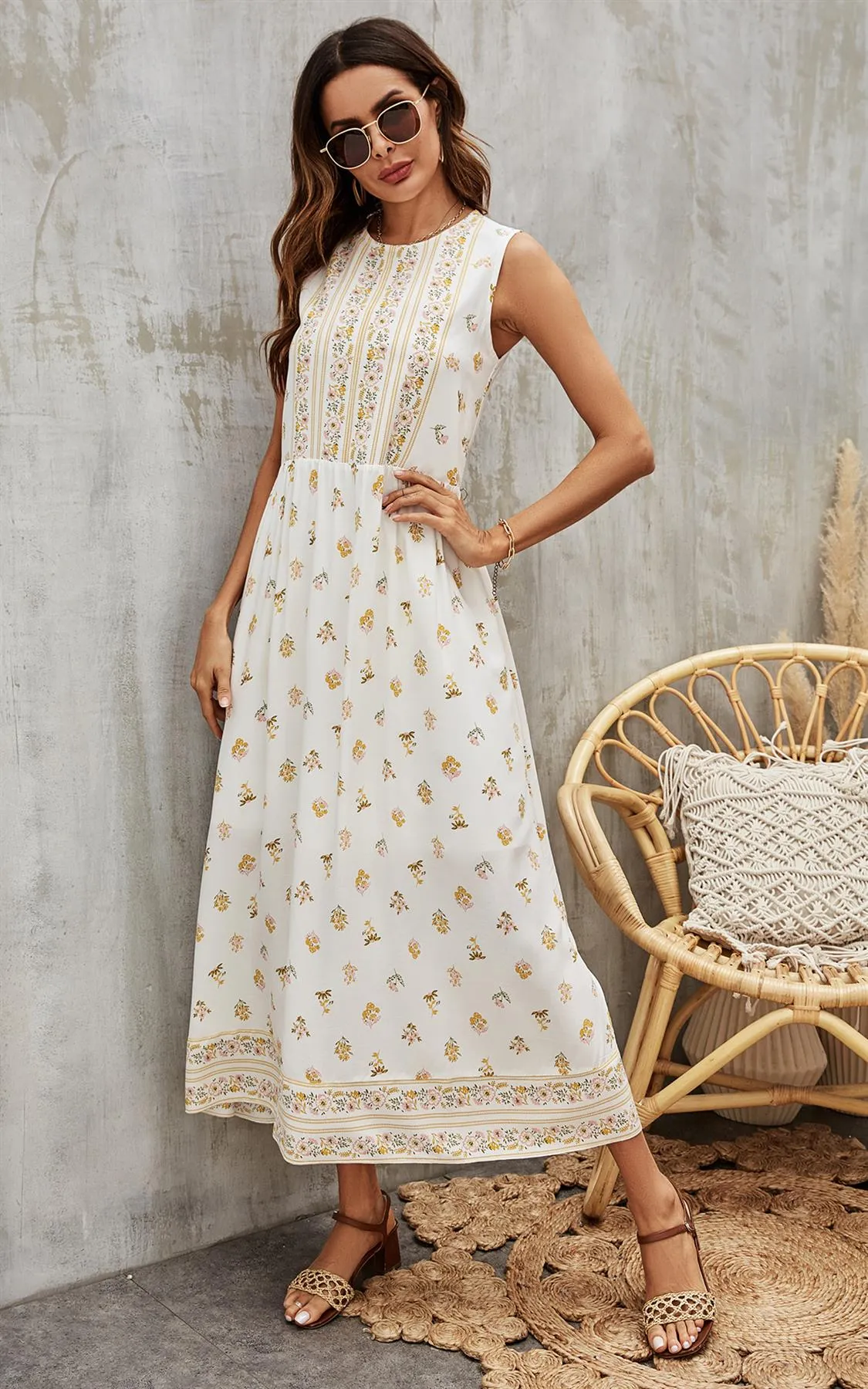 Yellow Floral & Strip Print Midi Dress In White
