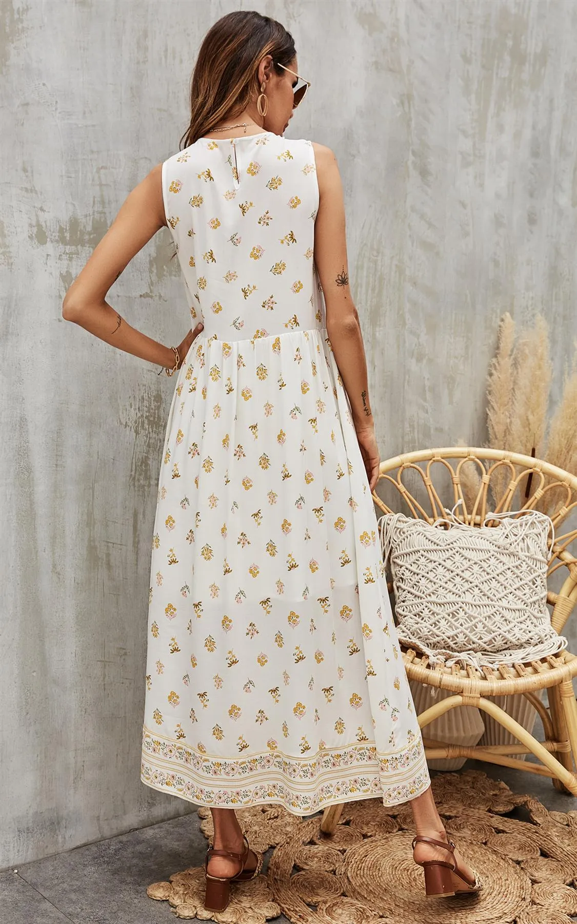 Yellow Floral & Strip Print Midi Dress In White